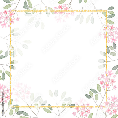 watercolor pink tiny flower branch with golden glitter square frame background for banner
