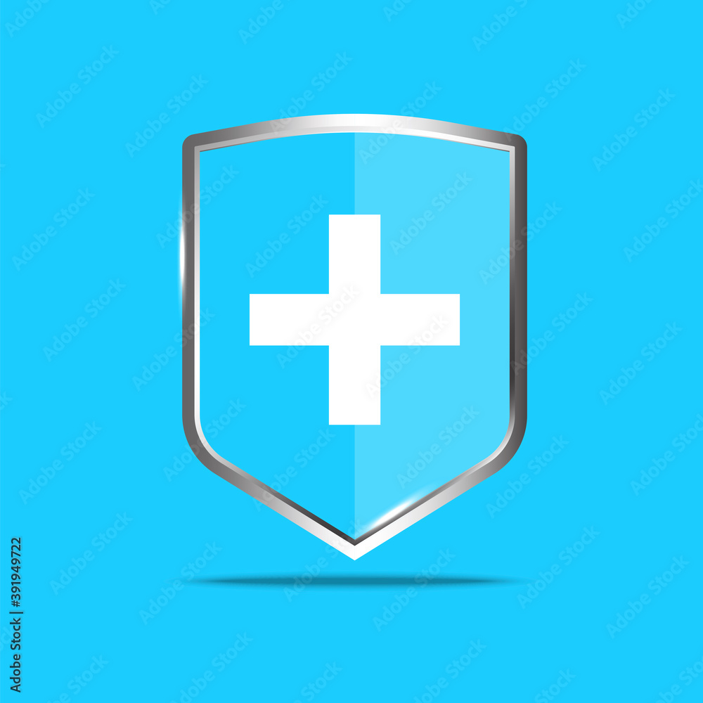 Fototapeta premium Flat illustration with medical shield on blue background. Medical poster. Antibacterial logo design. Vector shield icon. Stock image. EPS10.