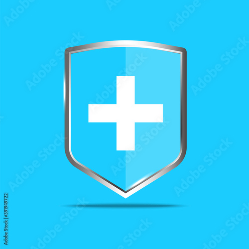 Flat illustration with medical shield on blue background. Medical poster. Antibacterial logo design. Vector shield icon. Stock image. EPS10.