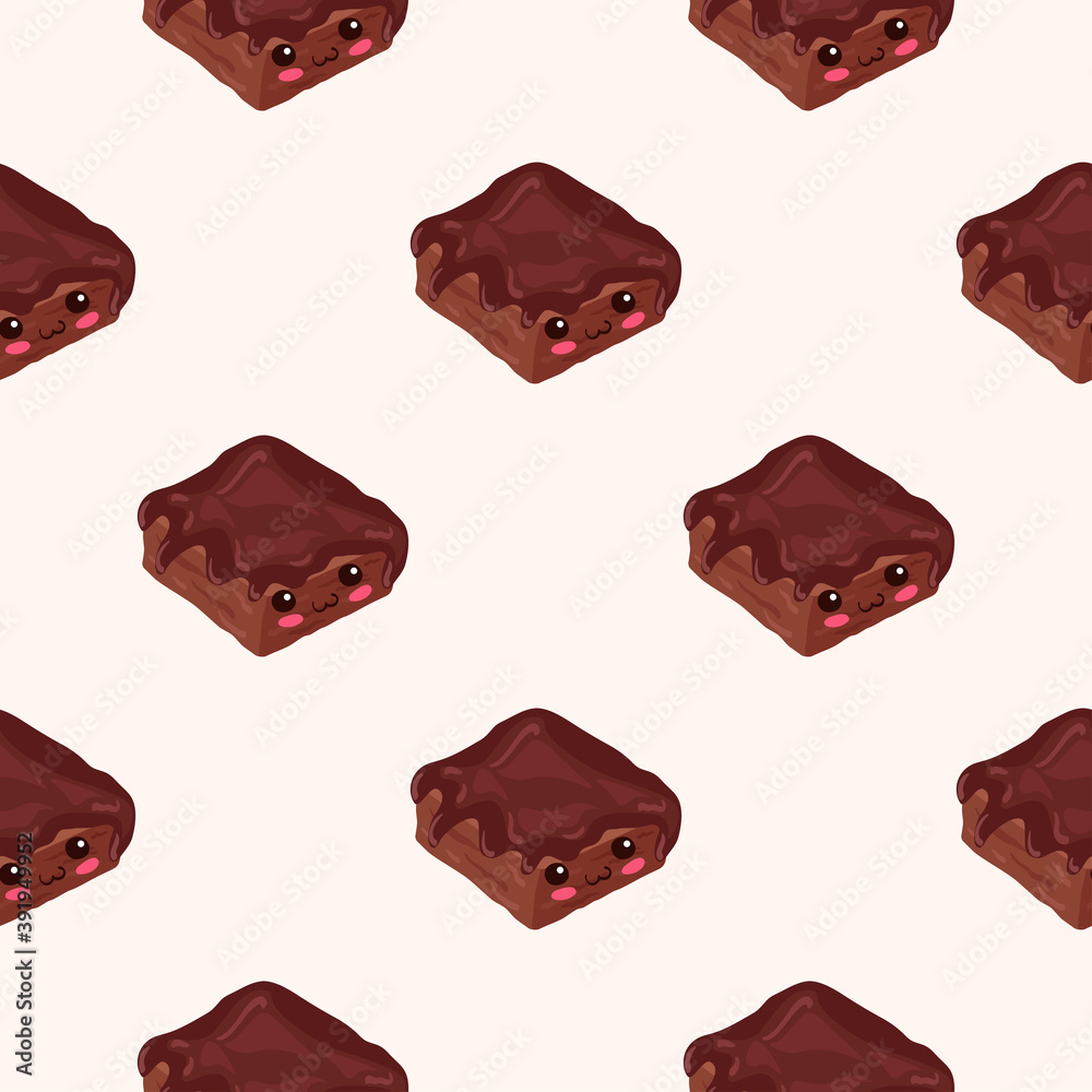 Kawaii Chocolate Brownie seamless pattern. Cute vector illustration