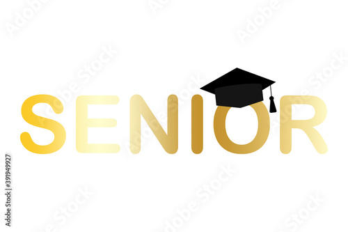 Senior graduate cap in cartoon style. Gold texture template. Vector illustration isolated. Stock image. EPS10.