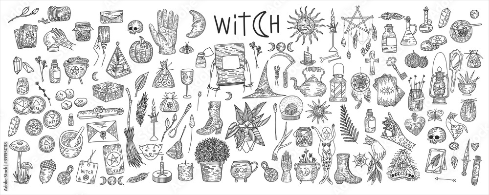 Supernatural magic collection of magical elements. Witch's things, vintage retro engraving style, vector graphics