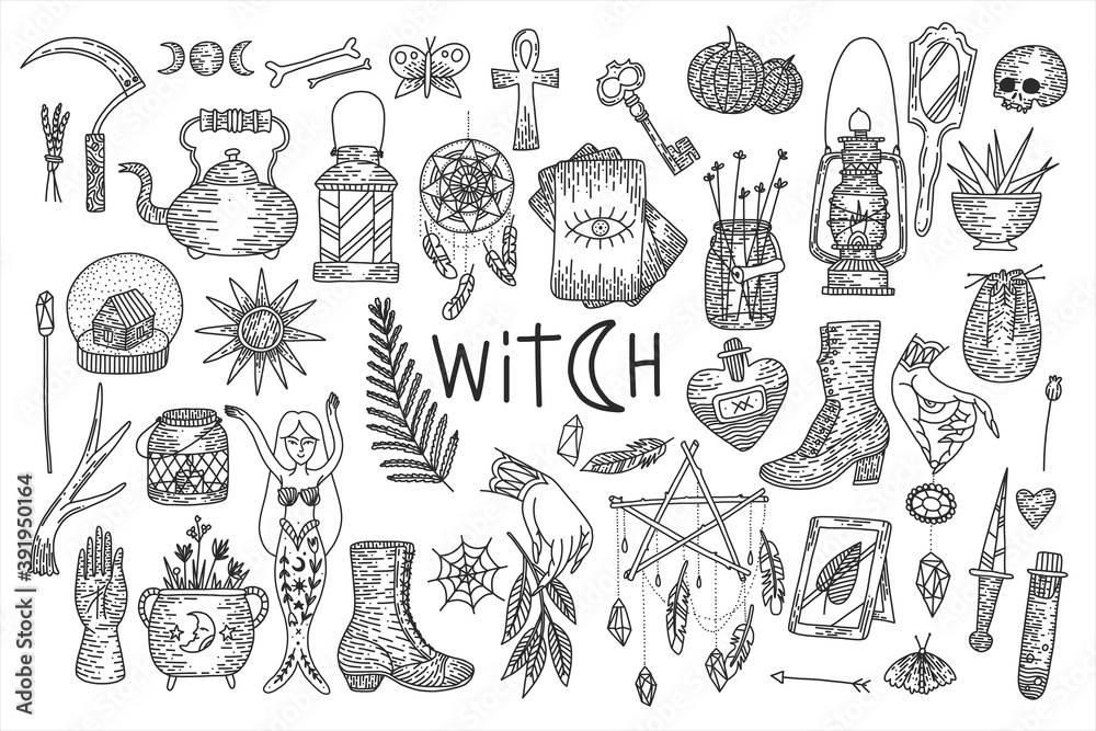 Supernatural magic collection of magical elements. Witch's things, vintage retro engraving style, vector graphics