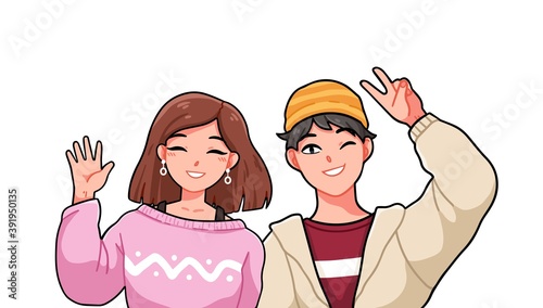 Portrait of cute smiling anime boy and girl showing hello gestures. Manga couple of trendy teenagers wave hands. Vector cartoon illustration of kawaii teen characters isolated on white background