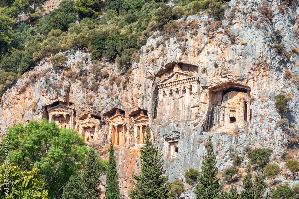ancient ruins. tombs hollowed out of the rocks. Kings Tombs of Kaunos near Dalyan, Turkey