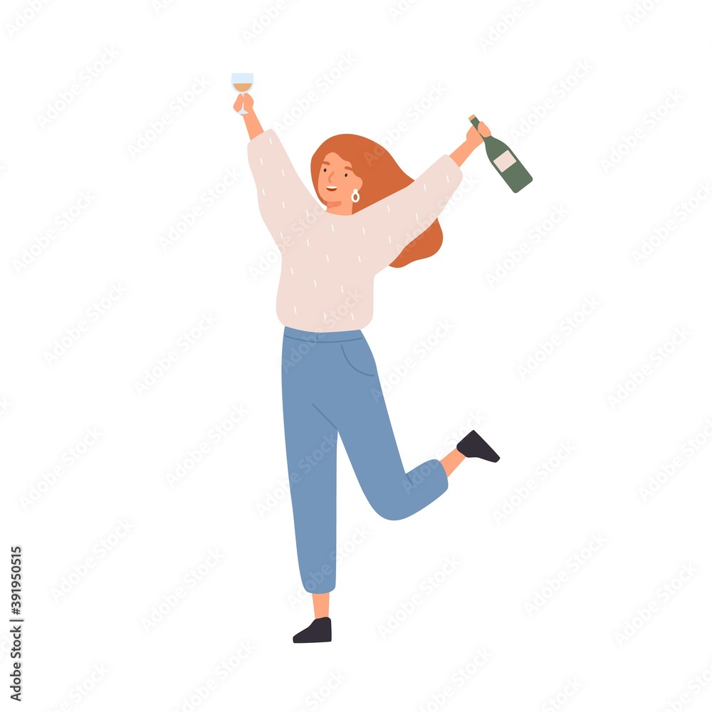 Happy celebrating woman with holding a bottle of champagne and a wine glass. Young female character at party or festive event. Flat vector cartoon illustration isolated on white background Happy celebrating woman with holding a bottle of champagne and a wine glass. Young female character at party or festive event. Flat vector cartoon illustration isolated on white background