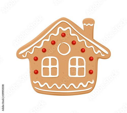 Gingerbread house isolated on white background. Vector illustration of Christmas holiday cookies baking in cartoon flat style.