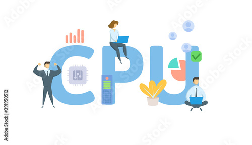 CPU, Central Processing Unit. Concept with keywords, people and icons. Flat vector illustration. Isolated on white background.