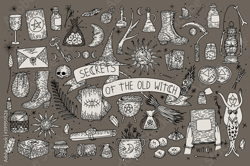 Supernatural magic collection of magical elements. Witch's things, vintage retro engraving style, vector graphics