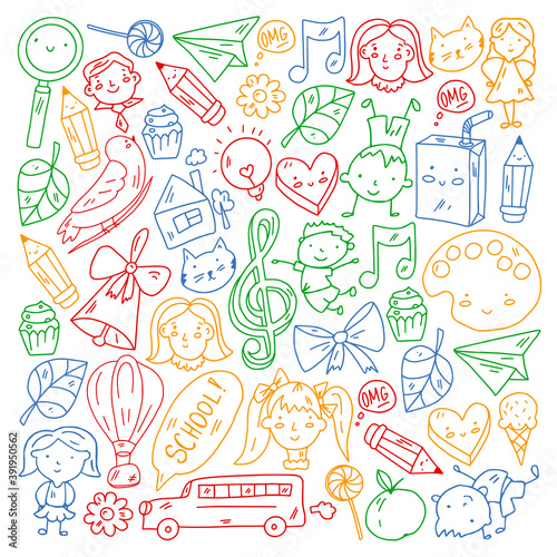Vector pattern with items for school. Online internet education, e-learning.