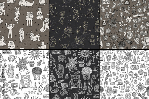 Supernatural magic collection of magical elements. Witch's things, vintage retro engraving style, vector graphics