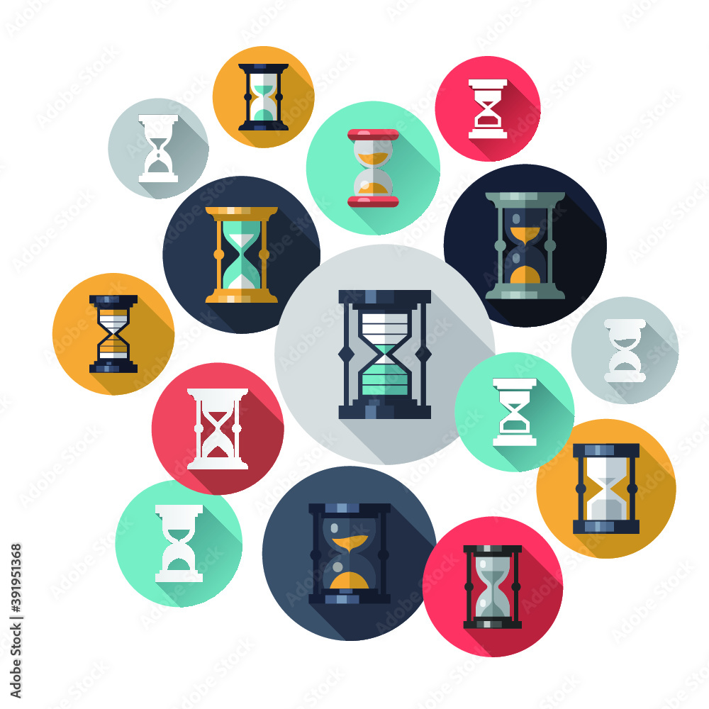 Fototapeta premium hourglasses icons set, flat style, isolated vector illustration on a white background. 