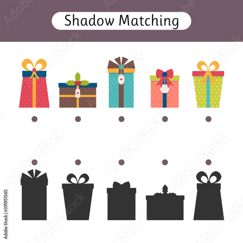 Shadow matching game for kids. Worksheets with gifts. Find the correct shadow. Christmas. Kids activity for preschool age