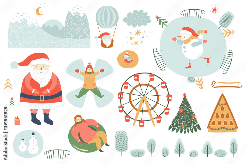 Naklejka premium Winter leisure. Winter activities elements. Christmas outdoor funs. Clipart. People sliding, ice skate, landscape.