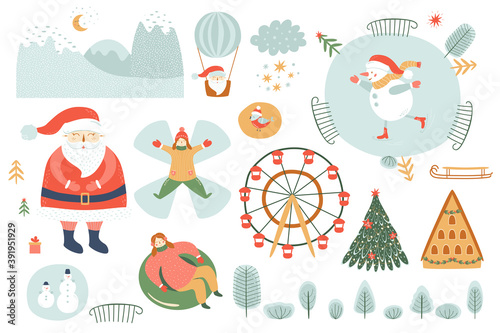 Winter leisure. Winter activities elements. Christmas outdoor funs. Clipart. People sliding, ice skate, landscape.