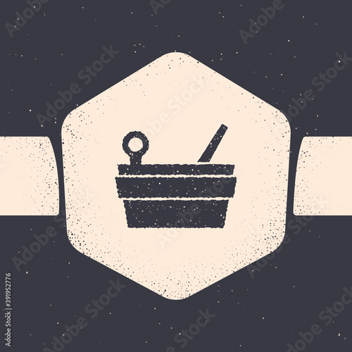 Grunge Sauna bucket and ladle icon isolated on grey background. Monochrome vintage drawing. Vector.