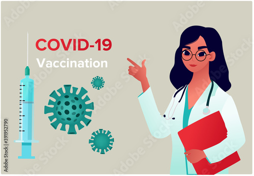 COVID-19 Virus Vaccine poster. Doctor pointing at the syringe. Injection, prevention, immunization, cure and treatment for coronavirus infection, COVID-19 Virus. 
