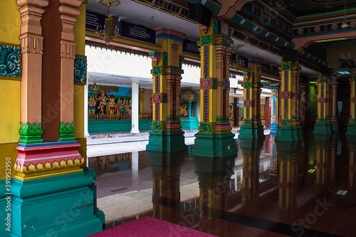 Courtyard of a Sri Mahamariamman, oldest Hindu temple in Kuala Lumpur, Malaysia. View and decorate of the buildings. Travel concept