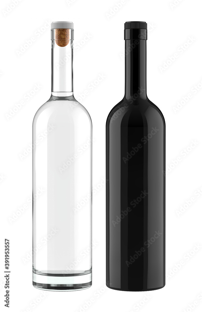 A Set of Clear Glass with Liquid and Cork and Black Alcohol Bottles for Accurate Work with Light and Shadows. 3D Render Isolated on a White Background.