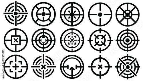 Sniper aim pointer. Target focus, shooters aims and 15 weapon targeting marks vector icons set