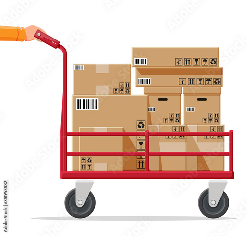 Barrow full of boxes isolated on white. Metallic wheeled trolley with cardboard box. Delivery service and logistics. Hand truck dolly icon. Transportation warehouse. Cartoon flat vector illustration