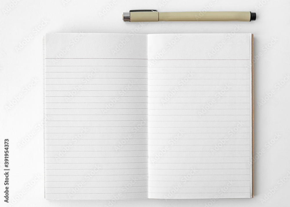 Blank plain white notebook page with a pen - obrazy, fototapety, plakaty 