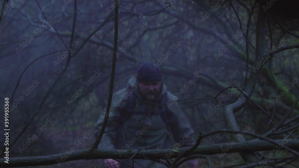 Exhausted Adult man walking through foggy and rainy forest in wilderness.Slow motion. Exhausted Adult man walking through foggy and rainy forest in wilderness.Slow motion.