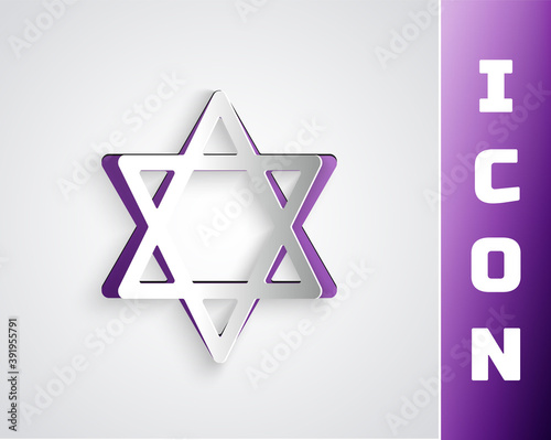 Paper cut Star of David icon isolated on grey background. Jewish religion symbol. Symbol of Israel. Paper art style. Vector.