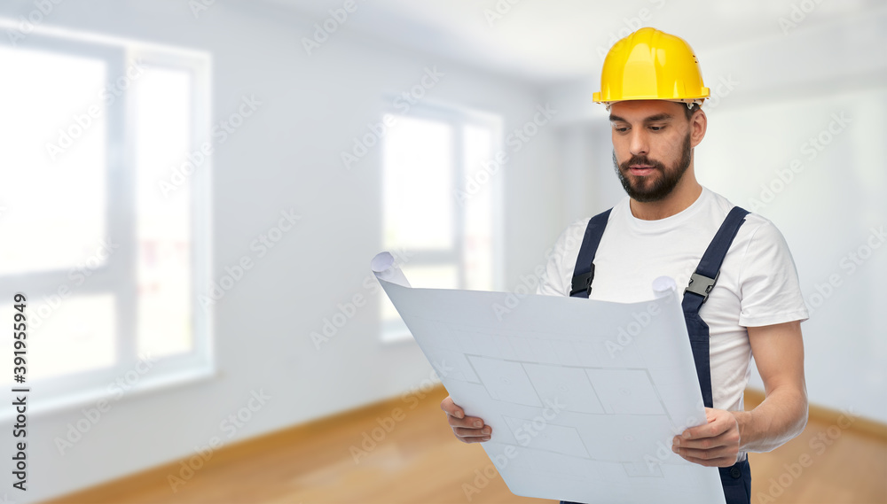 repair, construction and building concept - male worker or builder in helmet with blueprint over empty room at new home on background repair, construction and building concept - male worker or builder in helmet with blueprint over empty room at new home on background