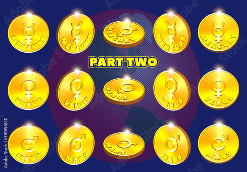 3d set of gold coin tokens in different projections. Astronomical signs of Mercury, Mars and Venus. Part two. EPS10 © GAlexS