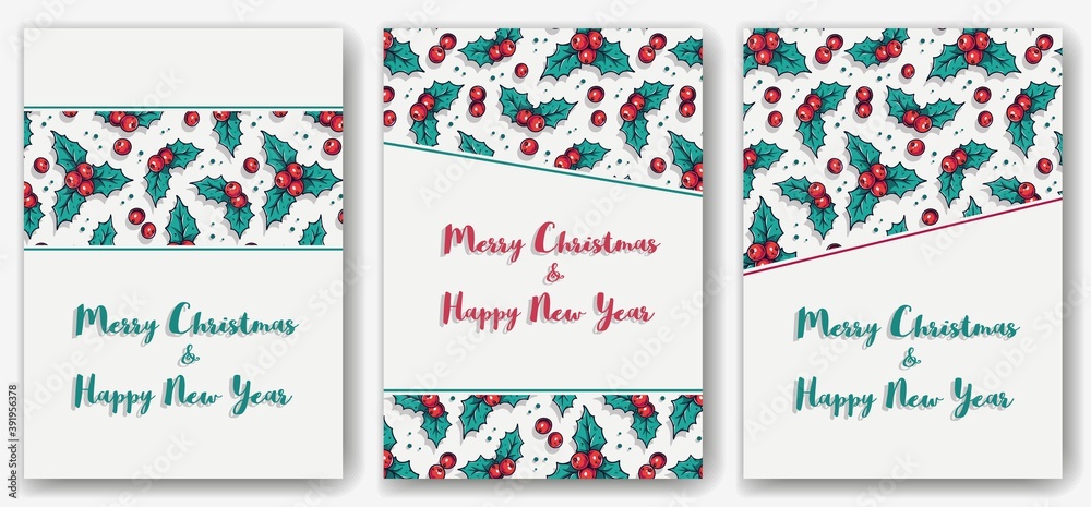 Colored christmas party invitation, banner, poster or postcard with holly silhouette for the new year holiday. Winter illustration of holly for december design