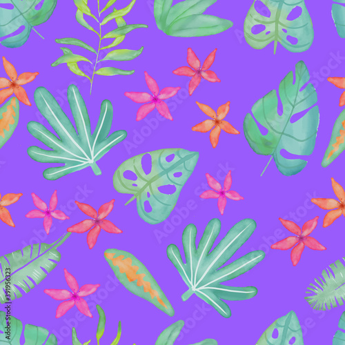 digital watercolor tropical leaves and flowers seamless pattern. Isolated on lavender. Green plants, botanical vector illustration design. For gift wrapping, wallpaper, textile, scrubbing, web page