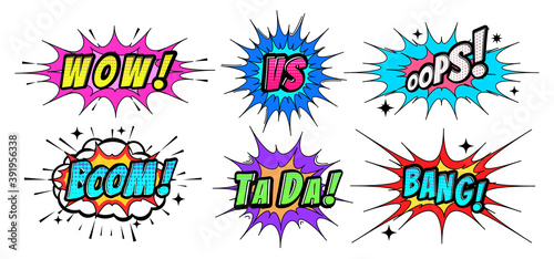 Comics signs. Boom, bang and wow sound effects in comic pop art style. Oops, Ta da and VS word in burst frame vector cartoon illustration set