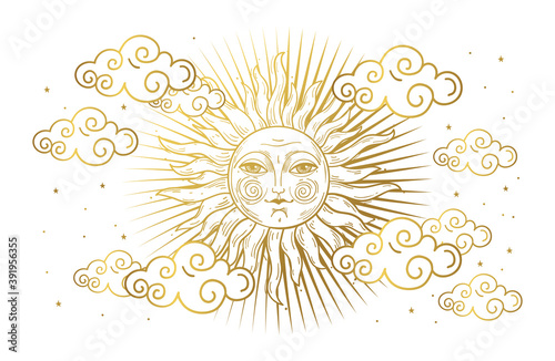 Magic banner for astrology, tarot, boho design. Universe, golden sun with face and clouds on white isolated background. Esoteric vector illustration, pattern