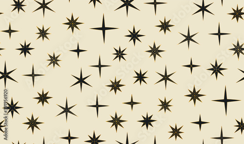 Seamless vector cosmic pattern with chaotical star shape elements. Five angled stars background. Flat night sky wallpaper. For design, fabric, textile, cover. © Fidan.Stock