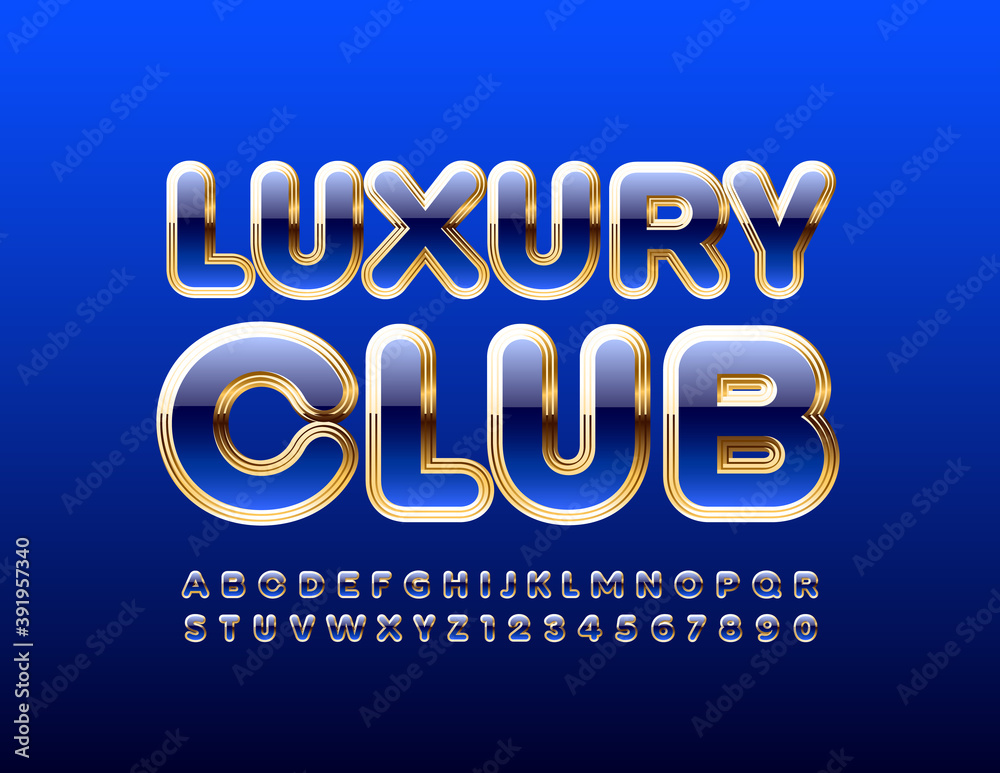 Vector chic emblem Luxury Club. Blue and Gold luxury Font. Shiny Alphabet Letters and Numbers set