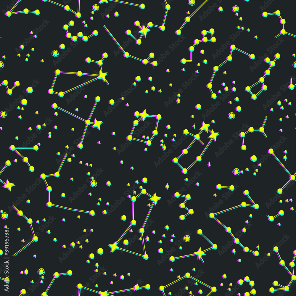 Fototapeta premium Stars/ space/ cosmic/ zodiacal/ universe thin line elements pattern. Vector seamless stellar constellation background. Astronomy/ Astrology objects. For fabric, textile, banner, design.