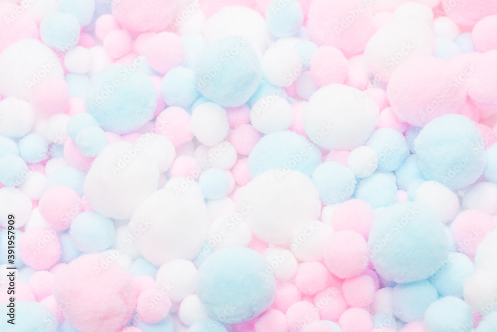 White, pink and blue soft pompons. White, pink and blue soft pompons.