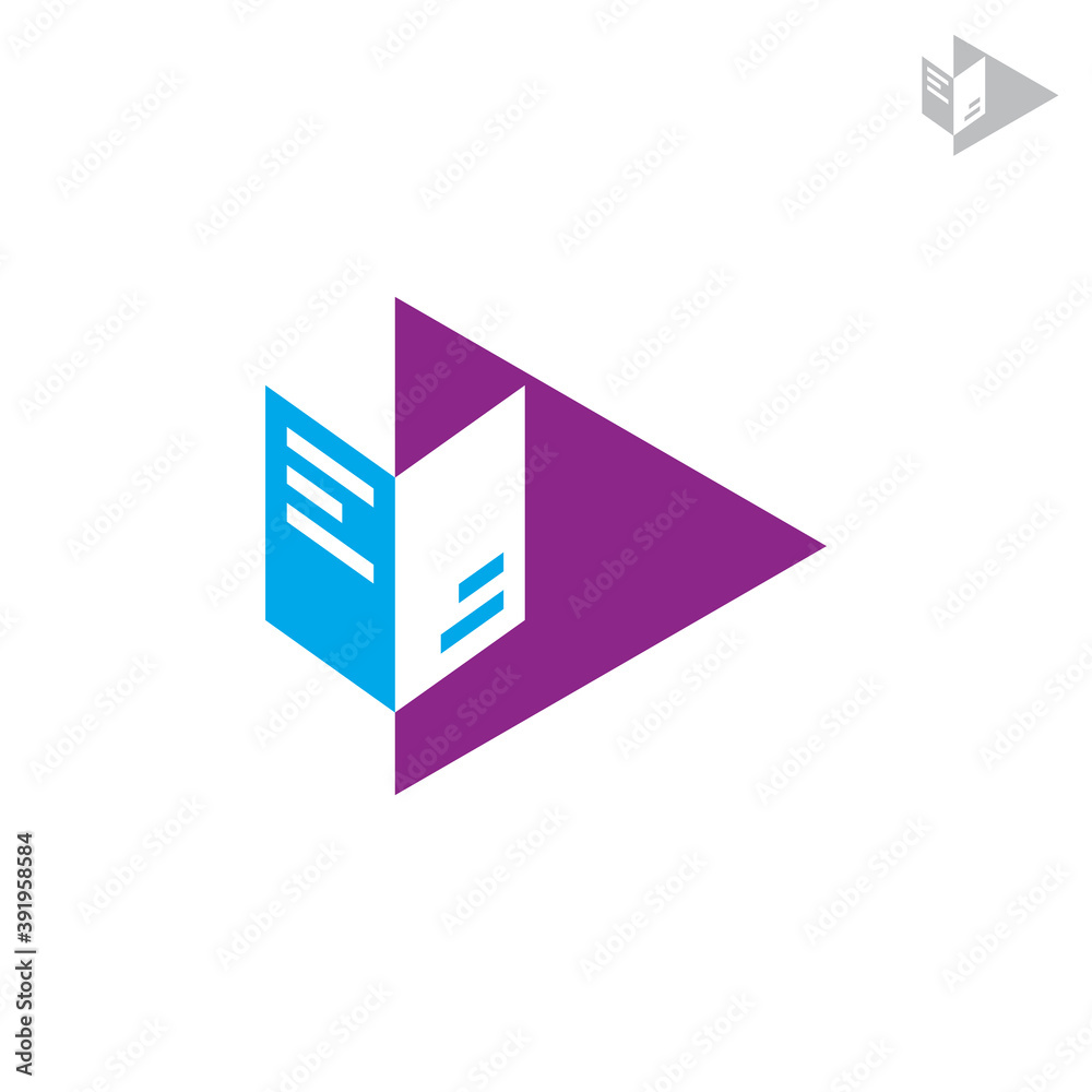 Digital book logo. Media play with book shape, educational simple flat logo concept in blue and purple color Digital book logo. Media play with book shape, educational simple flat logo concept in blue and purple color
