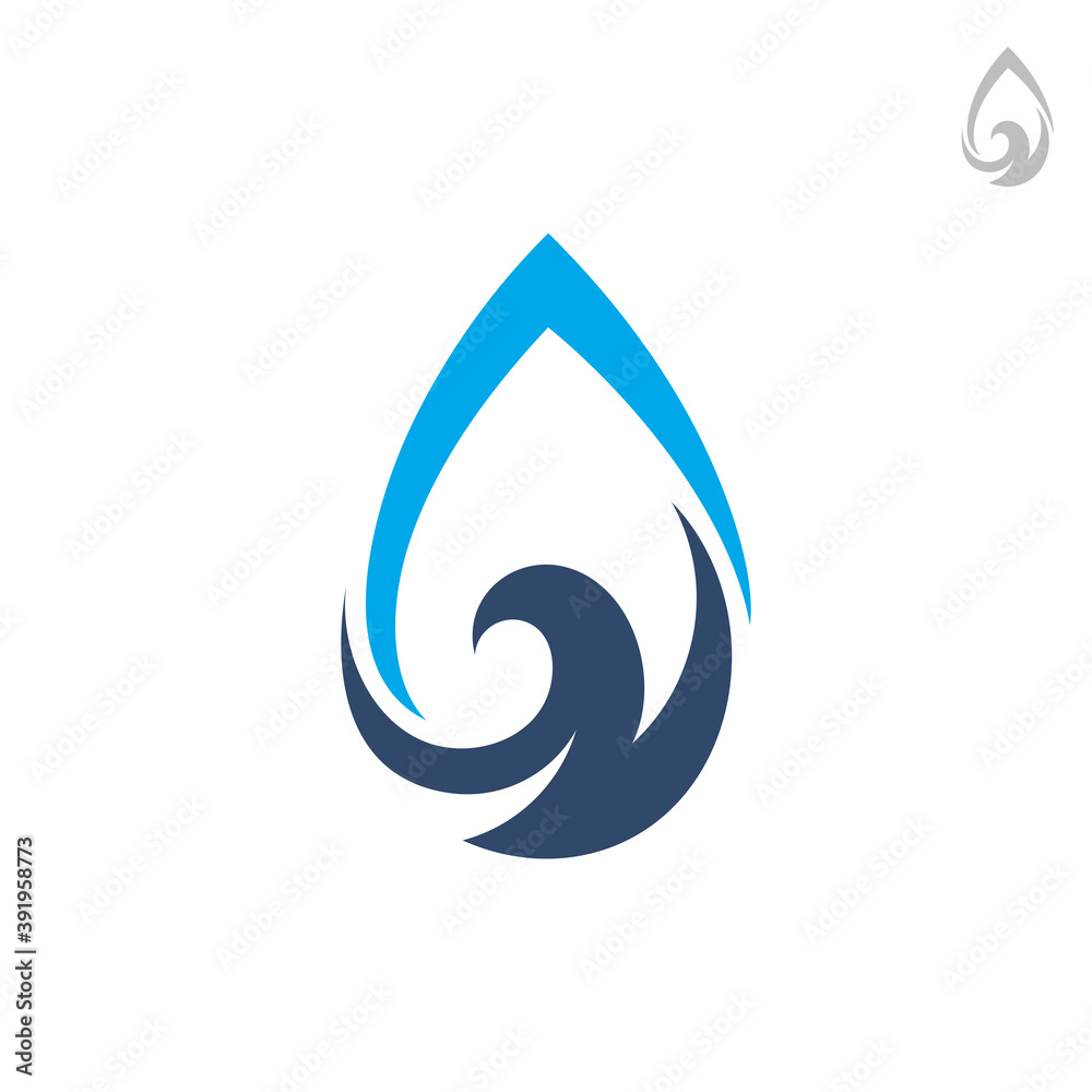 Water drop and wave logo concept with simple flat style in blue color Water drop and wave logo concept with simple flat style in blue color