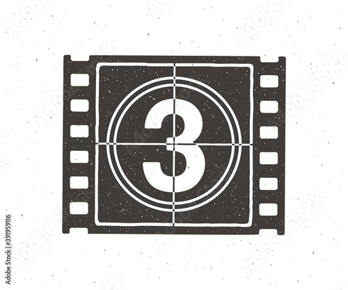 Silhouette of film strip part with countdown timer. Vector illustration. Retro frame of filmstrip. Vintage movie timer for cinema. Clipart for signboards, showcases. Isolated white background