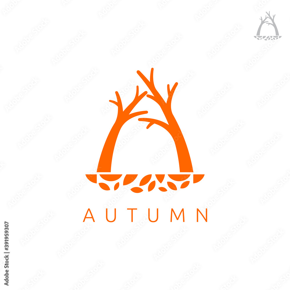 Autumn logo, Initial A combination with tree with falling leaves, creative nature logo concept flat style