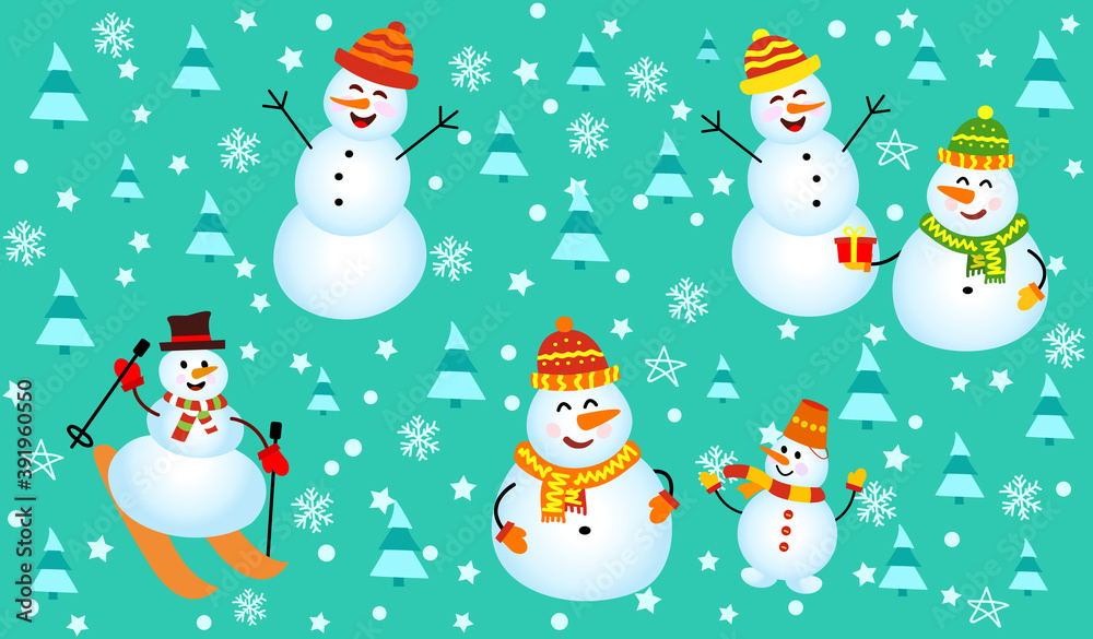 Winter pattern with snowmen, snowflakes and christmas trees. Family Snowman on green background. Vector Seamless pattern. can be used for Christmas cards or wrapping paper. Winter pattern with snowmen, snowflakes and christmas trees. Family Snowman on green background. Vector Seamless pattern. can be used for Christmas cards or wrapping paper.