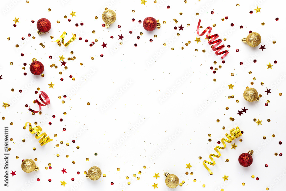 Festive Christmas Golden and red decorations on a white background. Festive new year sparkling texture. Festive Christmas Golden and red decorations on a white background. Festive new year sparkling texture.