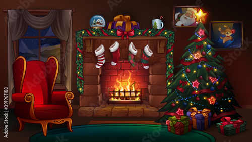 Christmas room with fireplace