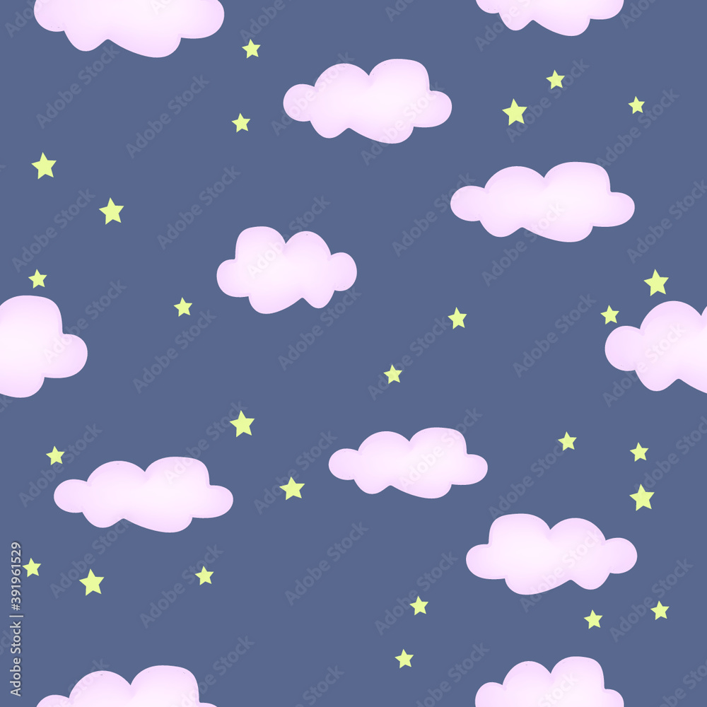 Seamless pattern with clouds and stars, dark blue background