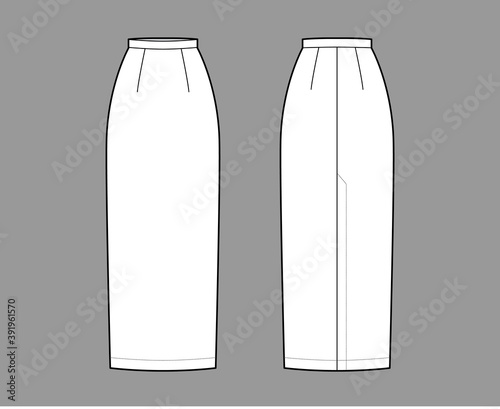 Skirt maxi pencil fullness silhouette technical fashion illustration with back slit, floor ankle lengths. Flat bottom template front, white color style. Women men unisex CAD mockup
