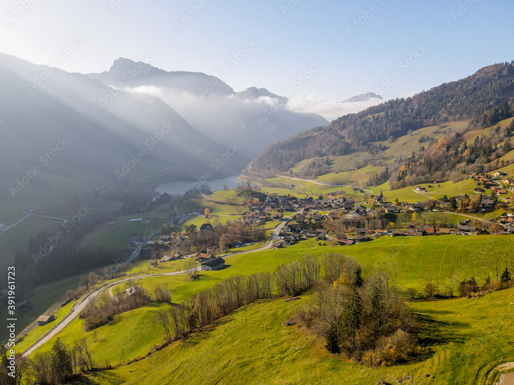 Obraz premium Drone shots from the swiss alps ( Chateau d'Oex, Lac du Vernex) 