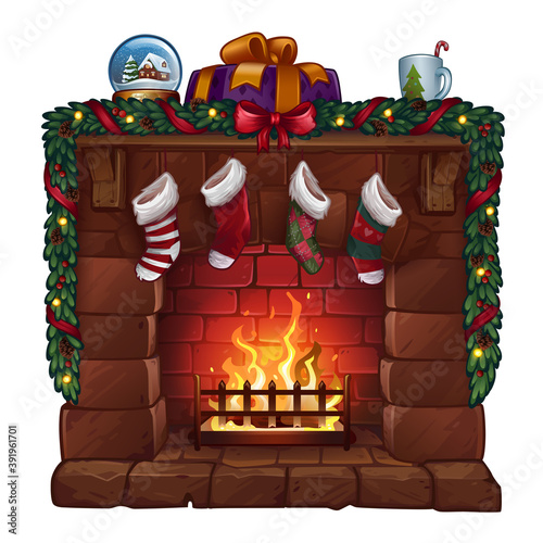 Christmas fireplace isolated on white
