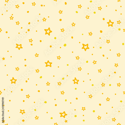 Stars and dots pattern seamless drawing, vector yellow background